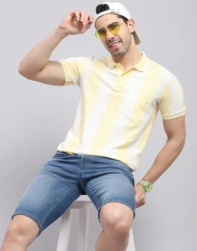 Men Yellow Stripe Polo Collar Half Sleeve T-Shirt