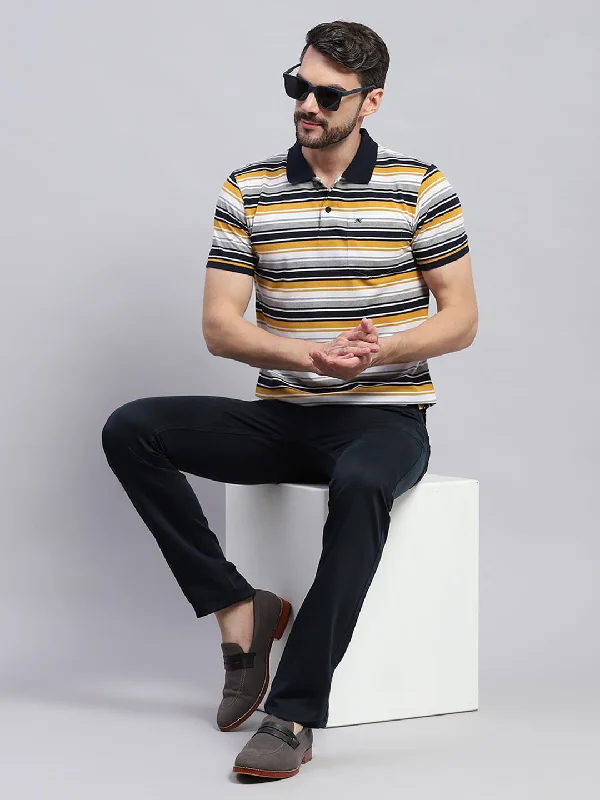 Men Yellow & White Stripe Collar Half Sleeve T-Shirt