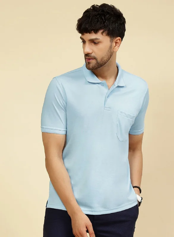 Men Sky Blue Solid T-Shirt