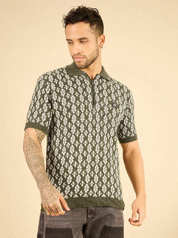 Olive Printed Knitted Zipped Polo Tshirt