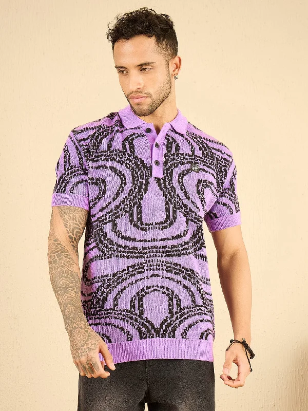 Purple Abstract Knitted Polo Tshirt