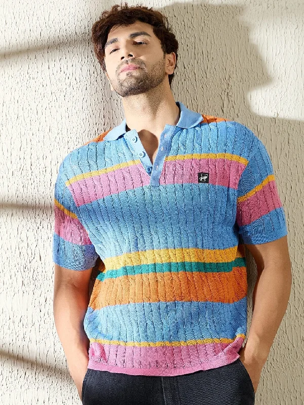 Sky Striped Cable Knit Polo Tshirt