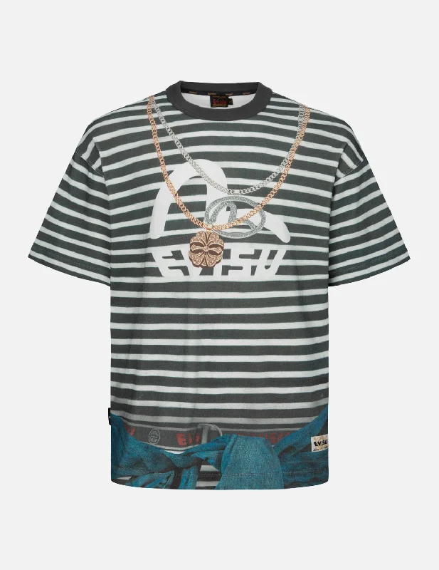 Trompe-l'oeil and Seagull Print Loose Fit Stripe T-Shirt