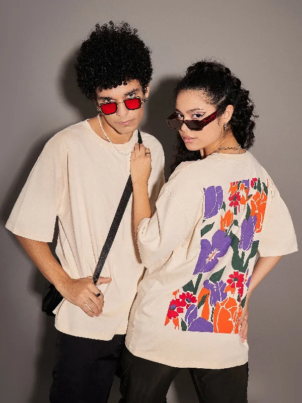 Unisex Beige Floral Back Print Oversized T-Shirt