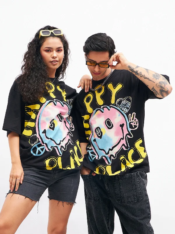 Unisex Black HAPPY PLACE Oversized T-Shirt