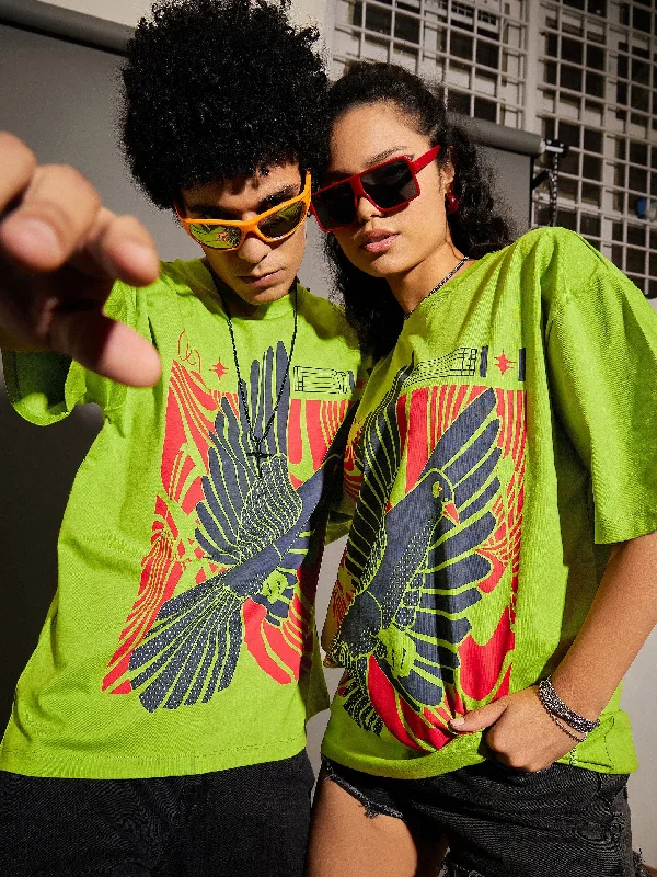 Unisex Green Bird Print Oversized T-Shirt