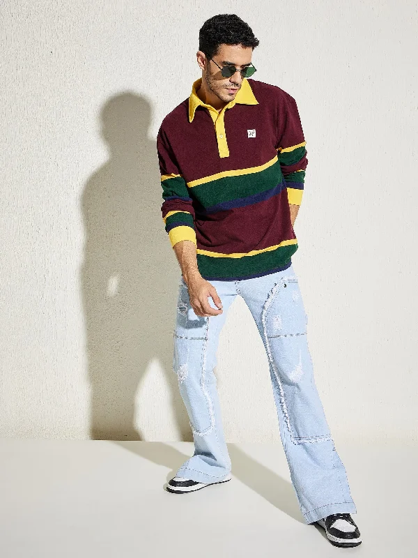 Wine Striped Oversized Longsleeve Polo Tee