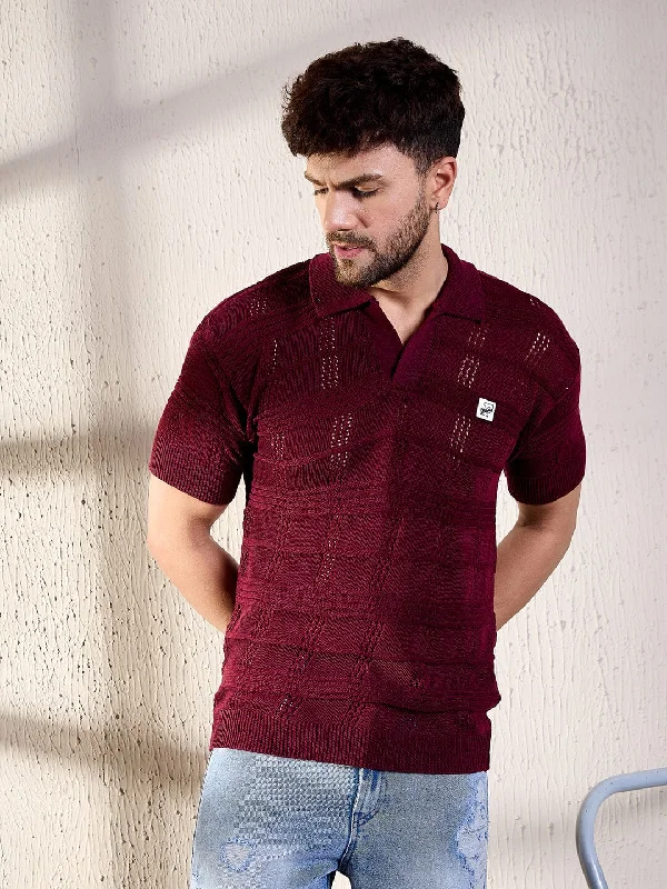 Wine Textured Knitted Polo Tee